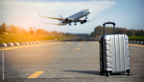 airplane at the airport,wallpaper, Travel background, background, suitcase on a runway with blurred airplane in the background,