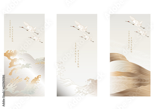 	
Crane bird decoration vector. Japanese background with hand drawn line wave pattern. Ocean sea banner design with natural landscape art template in vintage style.