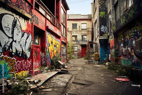 An abandoned alleyway with graffiti on the walls. The alleyway is filled with trash and debris, and the walls are covered in colorful graffiti