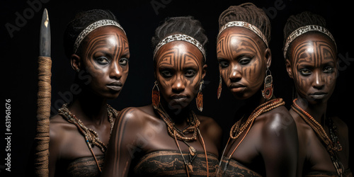 Female women from Africa with cultural tattoos make-up, cosmetics, and wooden stone spear weapon. ethnic groups of Africa