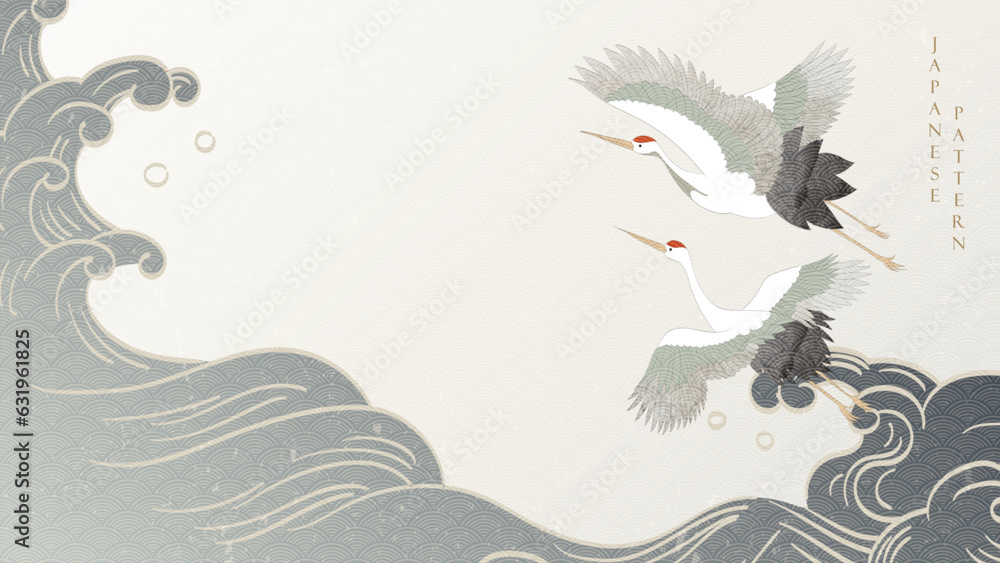 Fototapeta premium Crane bird decoration vector. Japanese background with hand drawn line wave pattern. Ocean sea banner design with natural landscape art template in vintage style.