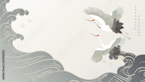 Crane bird decoration vector. Japanese background with hand drawn line wave pattern. Ocean sea banner design with natural landscape art template in vintage style.
