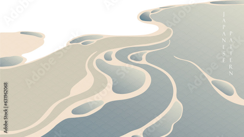 Japanese background with hand drawn wave in vintage style. Art chinese landscape banner design. Water surface element.