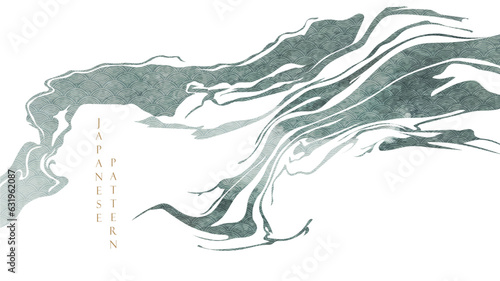 Grey texture with Japanese wave pattern in vintage style. Abstract art  landscape banner design with brush stroke watercolor texture vector.