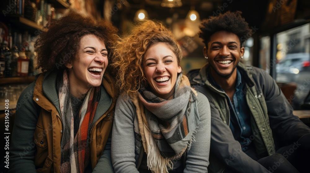 Group of happy friends and laughing, tourism, travel, peoplesharing good and positive mood, leisure and teenage concept, with blurred background, Generative AI illustration