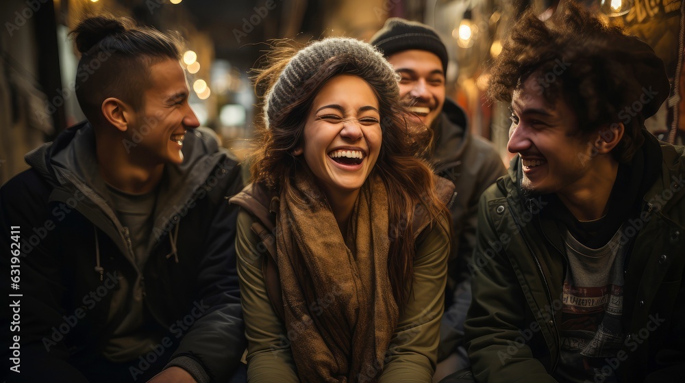 Group of happy friends and laughing, tourism, travel, peoplesharing good and positive mood, leisure and teenage concept, with blurred background, Generative AI illustration