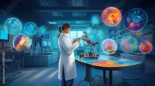 Laboratory scientists conduct experiments. Chief research scientist adjusts specimen in a petri dish and looks on it into microscope, Generative AI illustration