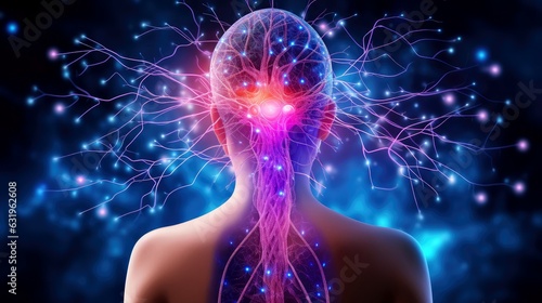 Illustration of thought energy . Head of person and neural network of brain with a problematic areas  Psychic waves concept  Generative AI illustration