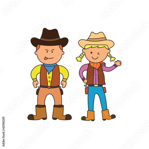 Kids drawing Cartoon Vector illustration cowboy and cowgirl characters icon Isolated on White Background