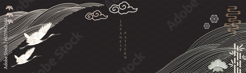 Japanese background with hand drawn line wave in vintage style. Art black landscape banner design with crane birds card design decoration. Icon and symbol  element in Asia style.