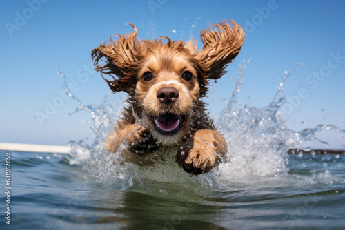 A dog swimming in the ocean. The dog is a golden retriever with wet fur, swimming towards the camera with its mouth open, water splashing