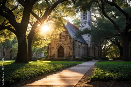 A beautiful church in a park  made of stone and has a tall steeple with a cross on top. It is surrounded by large trees with green leaves  dappled light effect on the grass