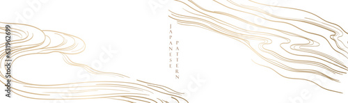 Hand drawn line wave with Japanese pattern vector. Oriental decoration with banner design, flyer or presentation in vintage style. Ocean sea gold elements.