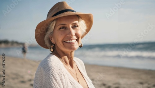 Smiling senior woman posing at beach looking at camera  retirement and vacation