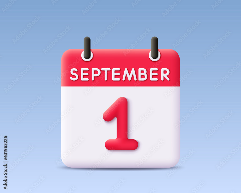 3d calendar September 1 vector icon. Render calendar september for back