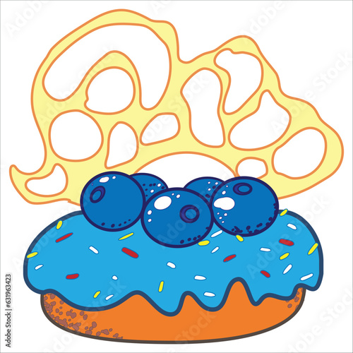 Donut cake with blue blueberry and blueberry icing and caramel decoration. Vector illustration