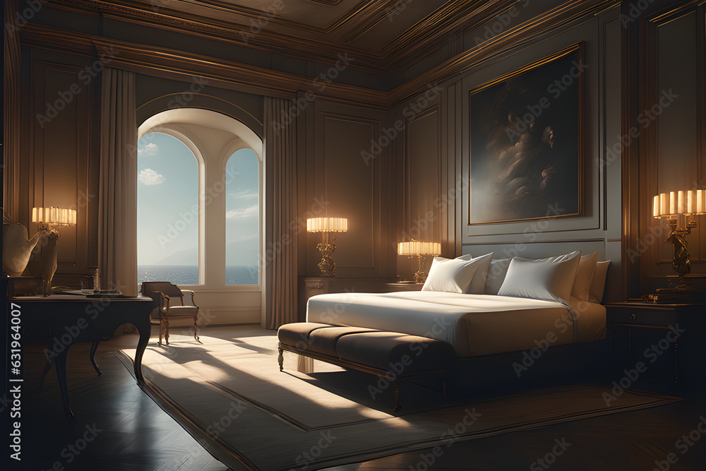 Fototapeta premium room with a bed, Generative AI