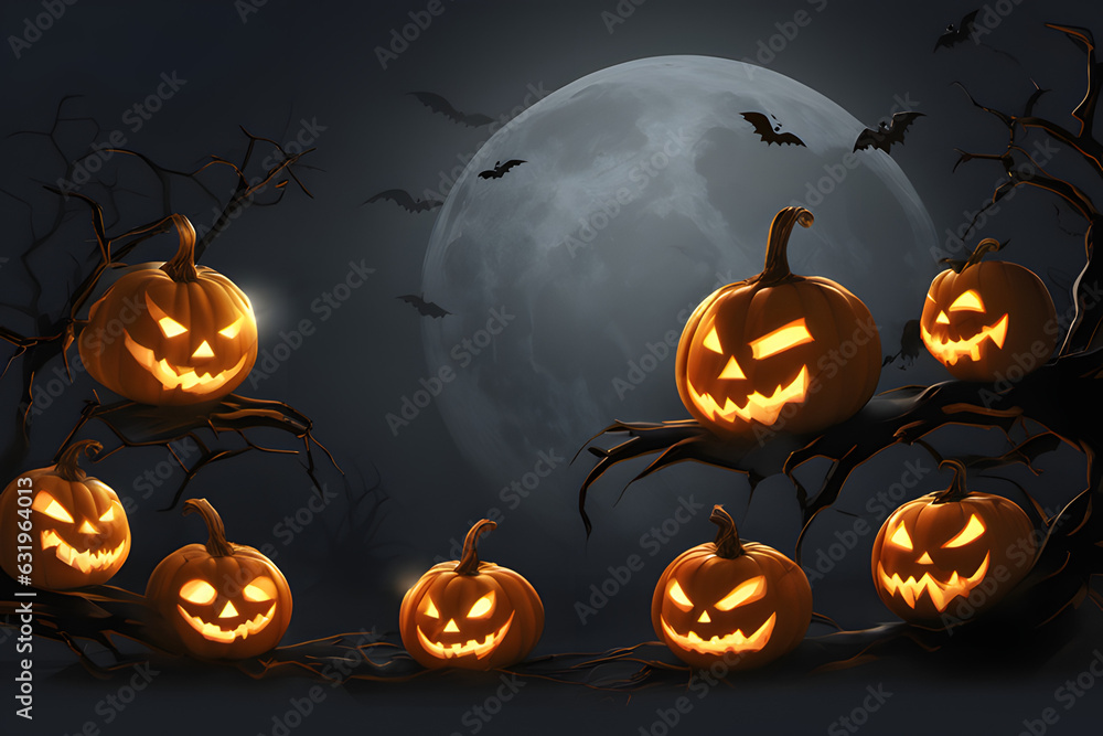 Spooky dark forest with pumpkins glowing. Background for Halloween. Generative AI
Spooky dark forest with pumpkins glowing. Background for Halloween. Generative AI