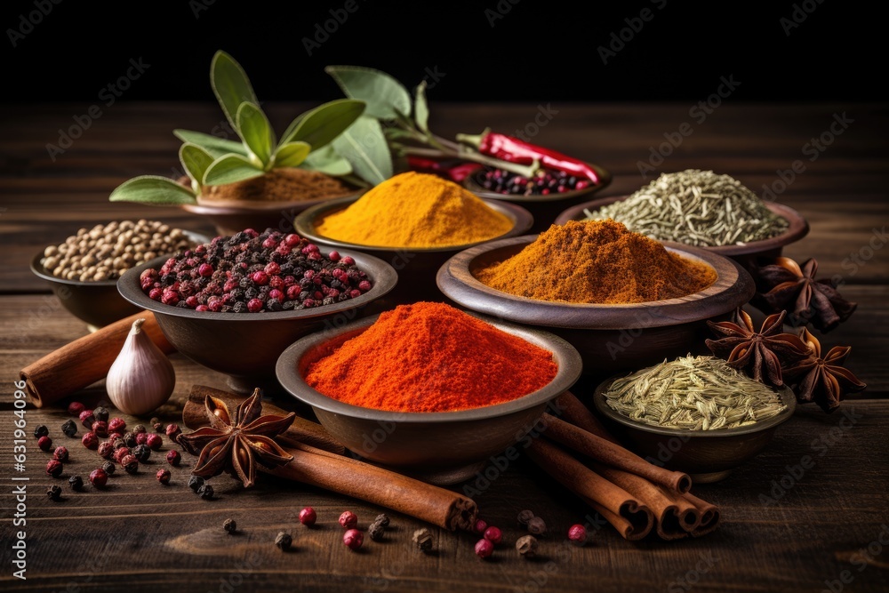 Variety of spices and herbs on a wooden table. ai generative
