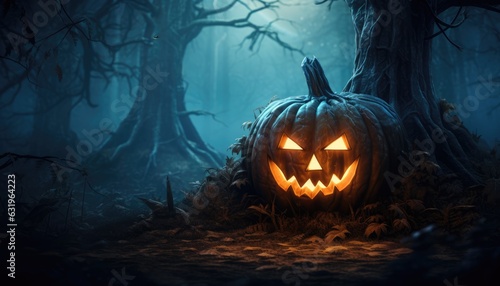 burning pumpkin In Forest At Night - Halloween Background