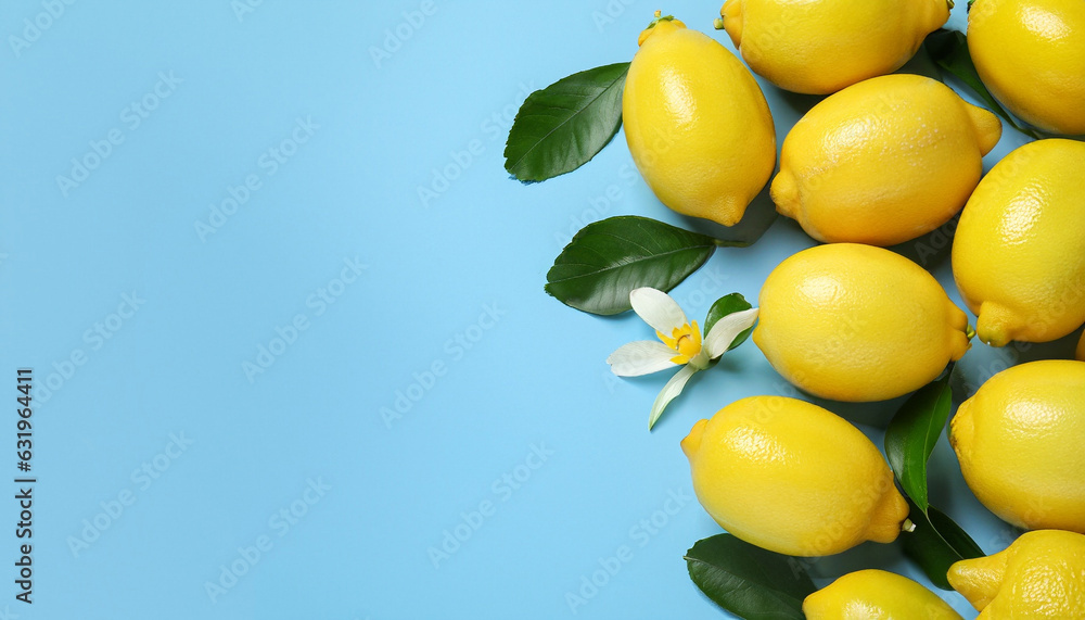 Many fresh ripe lemons with green leaves and flower on light blue background, flat lay. Space for text