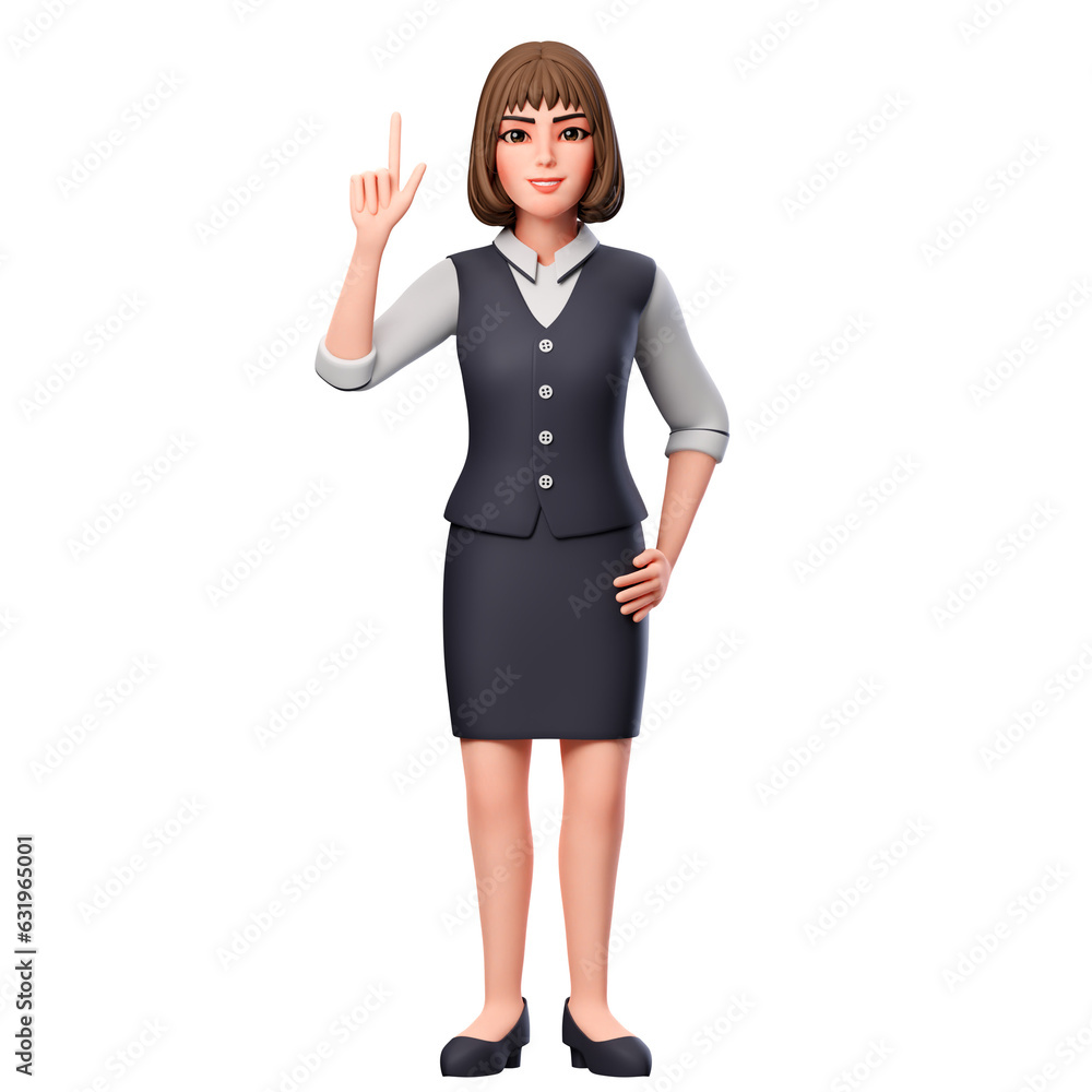 3D Illustration of Business woman pointing upward using left hand 3D Illustration of Business woman pointing upward using left hand