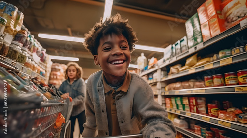 Young boy smiling having fun pushing shopping cart in grocery store