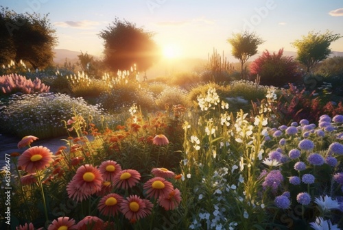 Flower garden with beautiful sunrise in the morning. generative ai