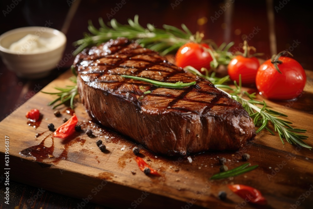 Fried beef steak with grilled vegetables served on a wooden board Fried beef steak with grilled vegetables served on a wooden board