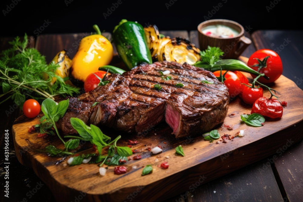 Fried beef steak with grilled vegetables served on a wooden board