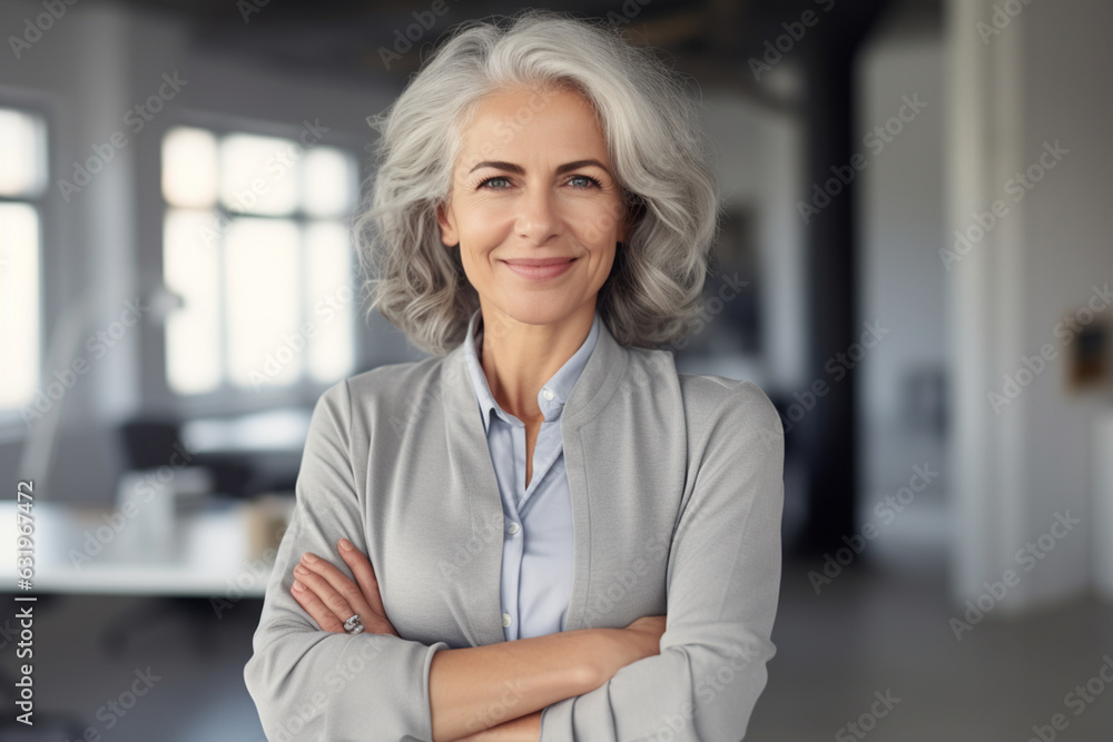 Portrait of a middle-aged businesswoman, arms crossed, gray hair Portrait of a middle-aged businesswoman, arms crossed, gray hair