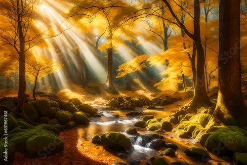 sunset in the forest,autumn in the forest, Magical forest landscape with sunbeam lighting up the golden foliage,