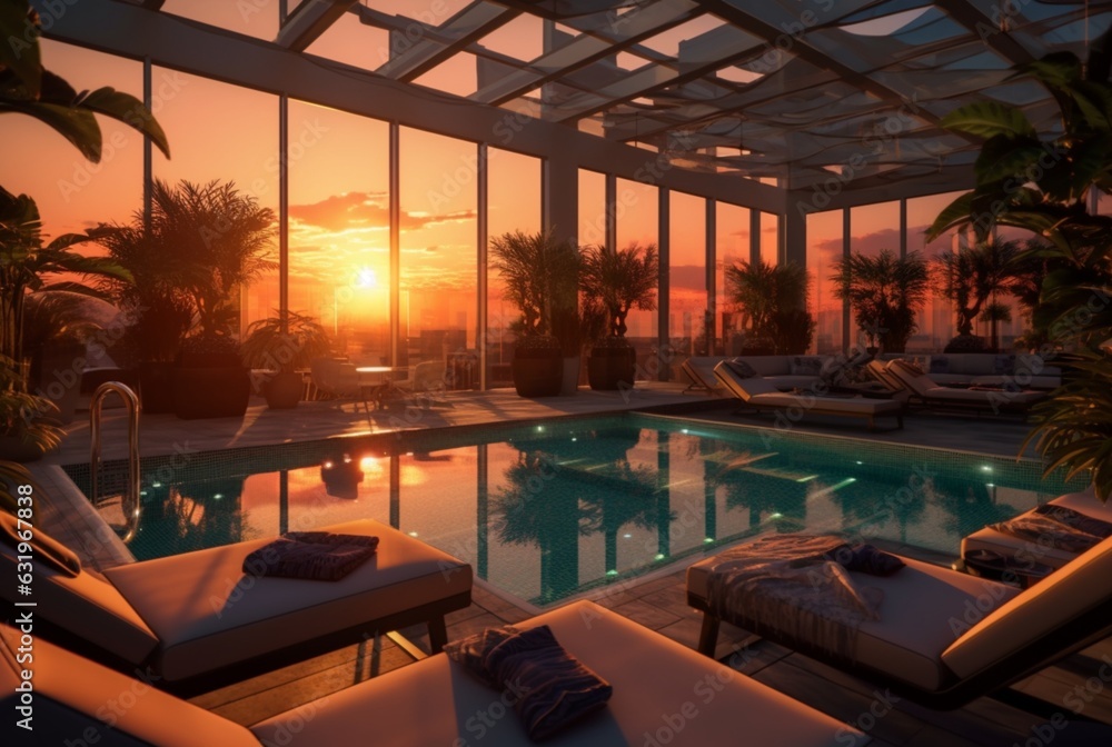 Fototapeta premium rooftop hotel with swimming pool and beautiful sunset in the evening. generative ai