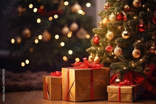 Beautiful Christmas gifts under fir tree on floor in room