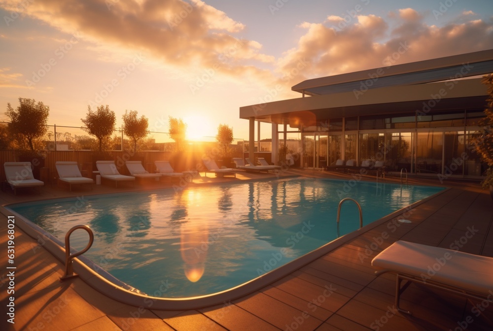 Fototapeta premium rooftop hotel with swimming pool and beautiful sunset in the evening. generative ai