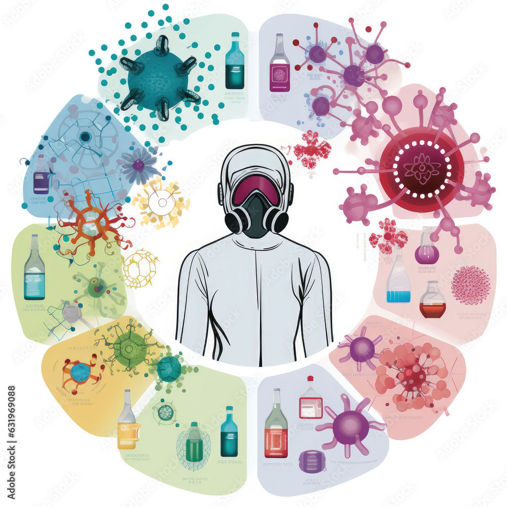 Circle of virus around person in gas mask.