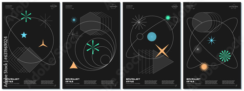 Abstract brutalism poster set with geometric linear planets and memphis shapes on black space background. Modern brutalist style minimal simple graphic prints. Brutal trendy y2k design vector design