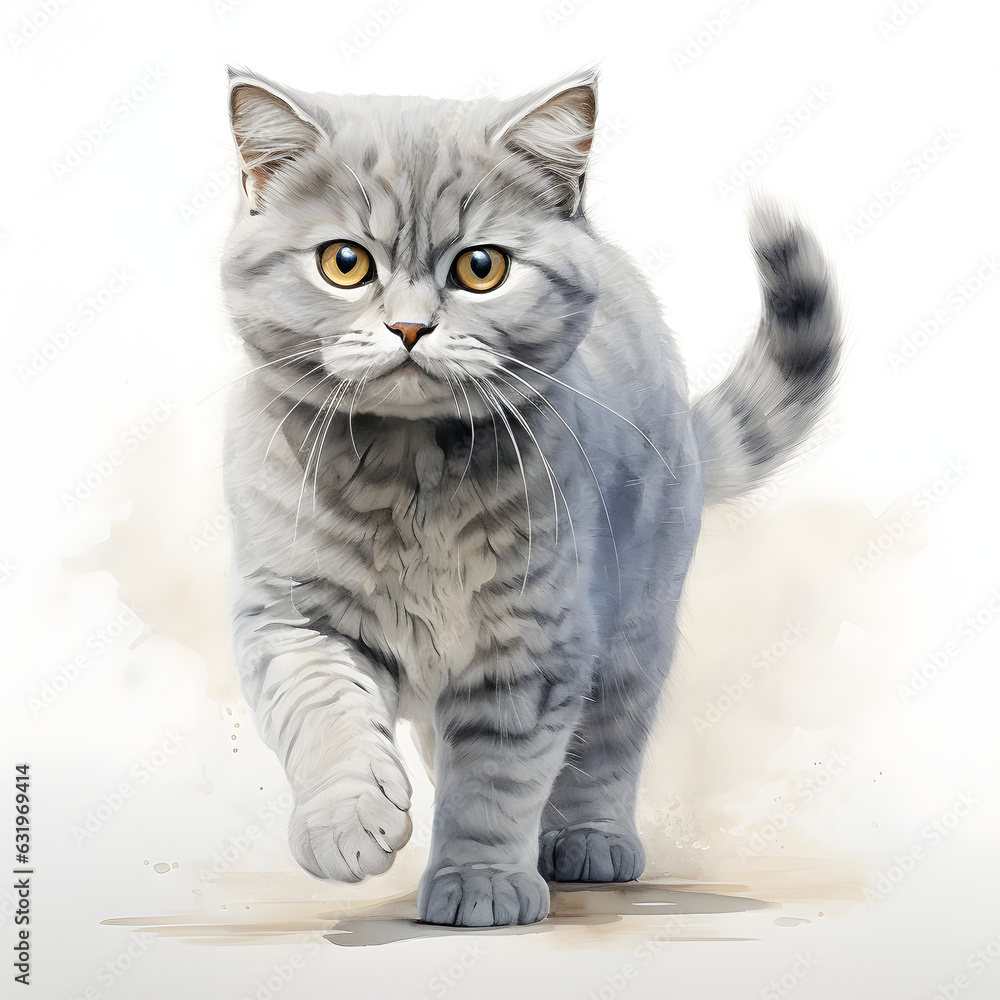 Brushstroke watercolor style realistic full body portrait of a British Shorthair on white background Generated by AI 02