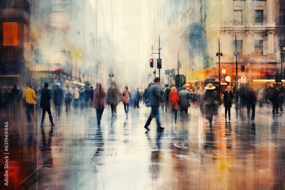 An image of an urban scene on a rainy afternoon painting - Generative AI