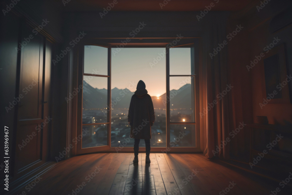 Image capturing a poignant moment as a person looks out from a window, bathed in the warm glow of a setting sun
