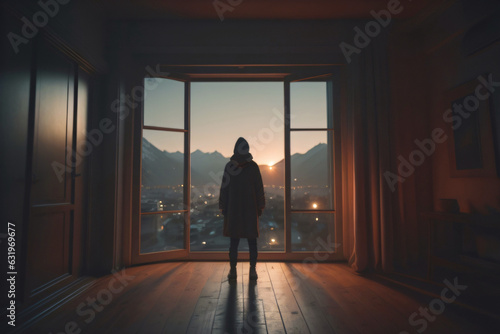 Image capturing a poignant moment as a person looks out from a window, bathed in the warm glow of a setting sun