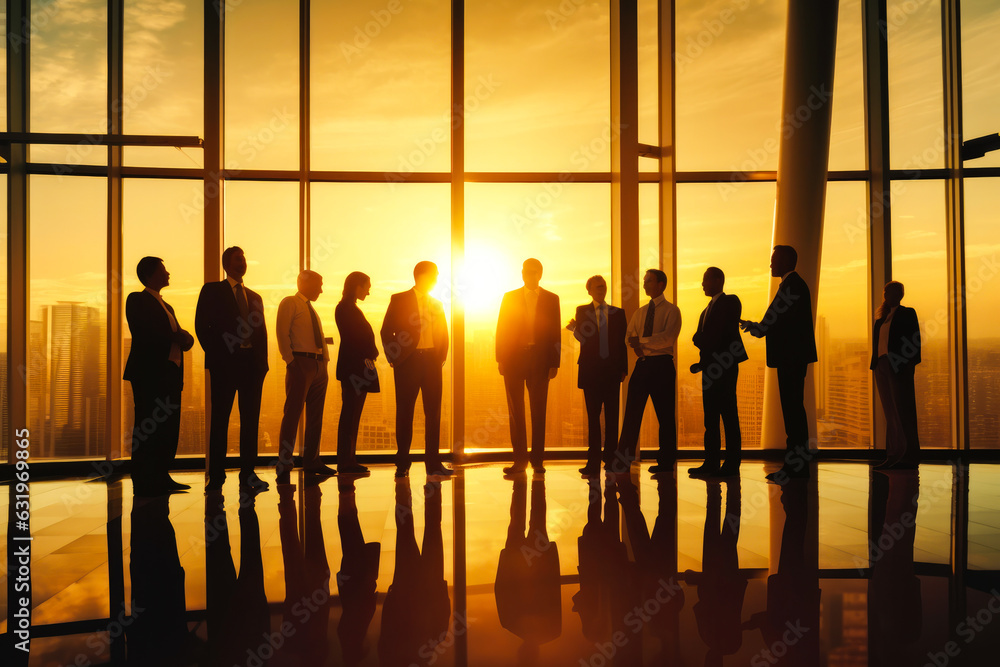 A Group of Business People Meeting Back Lit Concept, View From Skyscraper or Tall Building at Sunset A Group of Business People Meeting Back Lit Concept, View From Skyscraper or Tall Building at Sunset