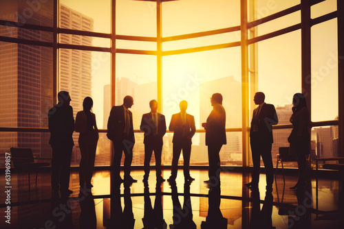 A Group of Business People Meeting Back Lit Concept, View From Skyscraper or Tall Building at Sunset