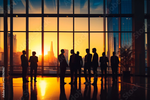 A Group of Business People Meeting Back Lit Concept, View From Skyscraper or Tall Building at Sunset