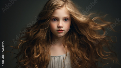 Studio portrait of a young female fashion model with long flowing hair blowing in the wind. Brunette hair model with perfect skin.