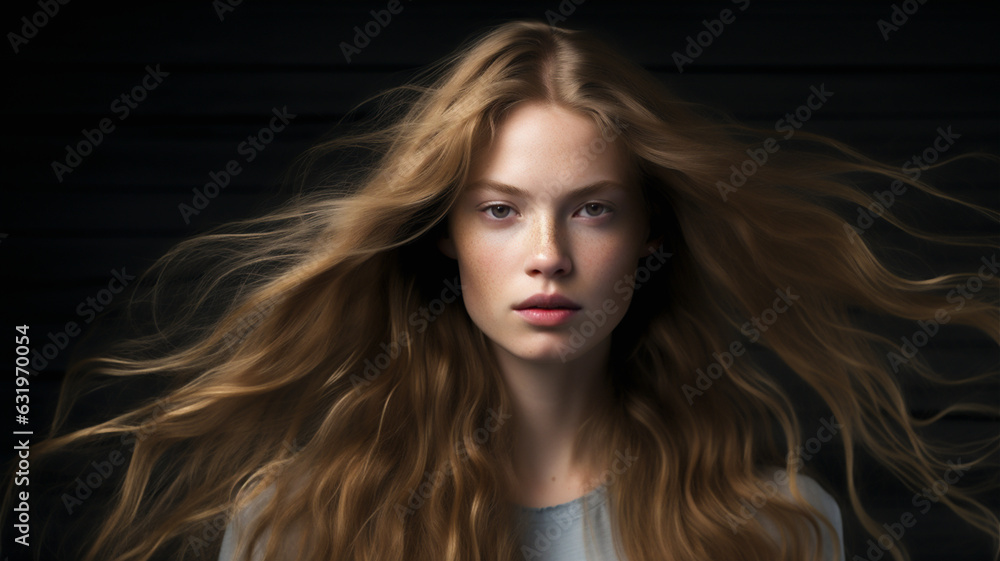 Studio portrait of a glamorous female fashion model with long flowing hair blowing in the wind. Brunette hair model with perfect skin. Studio portrait of a glamorous female fashion model with long flowing hair blowing in the wind. Brunette hair model with perfect skin.