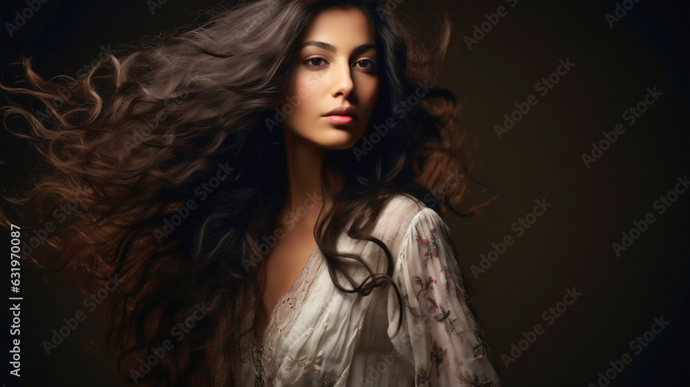 Studio portrait of a glamorous female fashion model with long flowing hair blowing in the wind. Brunette hair model with perfect skin. Studio portrait of a glamorous female fashion model with long flowing hair blowing in the wind. Brunette hair model with perfect skin.