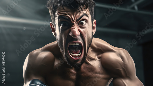 Athlete boxing in attack pose with angry face