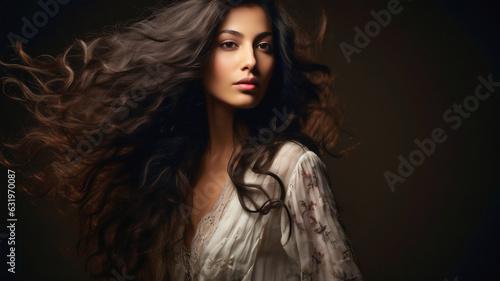 Studio portrait of a glamorous female fashion model with long flowing hair blowing in the wind. Brunette hair model with perfect skin.