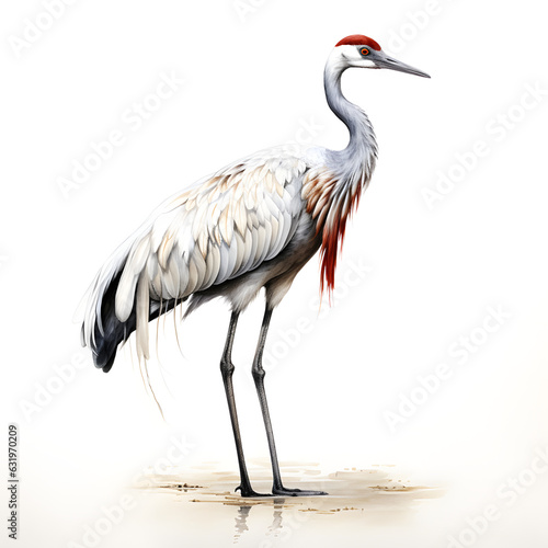 Brushstroke watercolor style realistic full body portrait of a crane on white background Generated by AI 02 © 文广 张